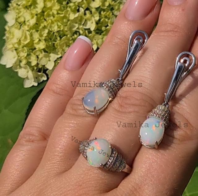 Natural Fire Opal & Yellow Sapphire Ring Earring Set, Sterling Silver Gemstone Jewelry