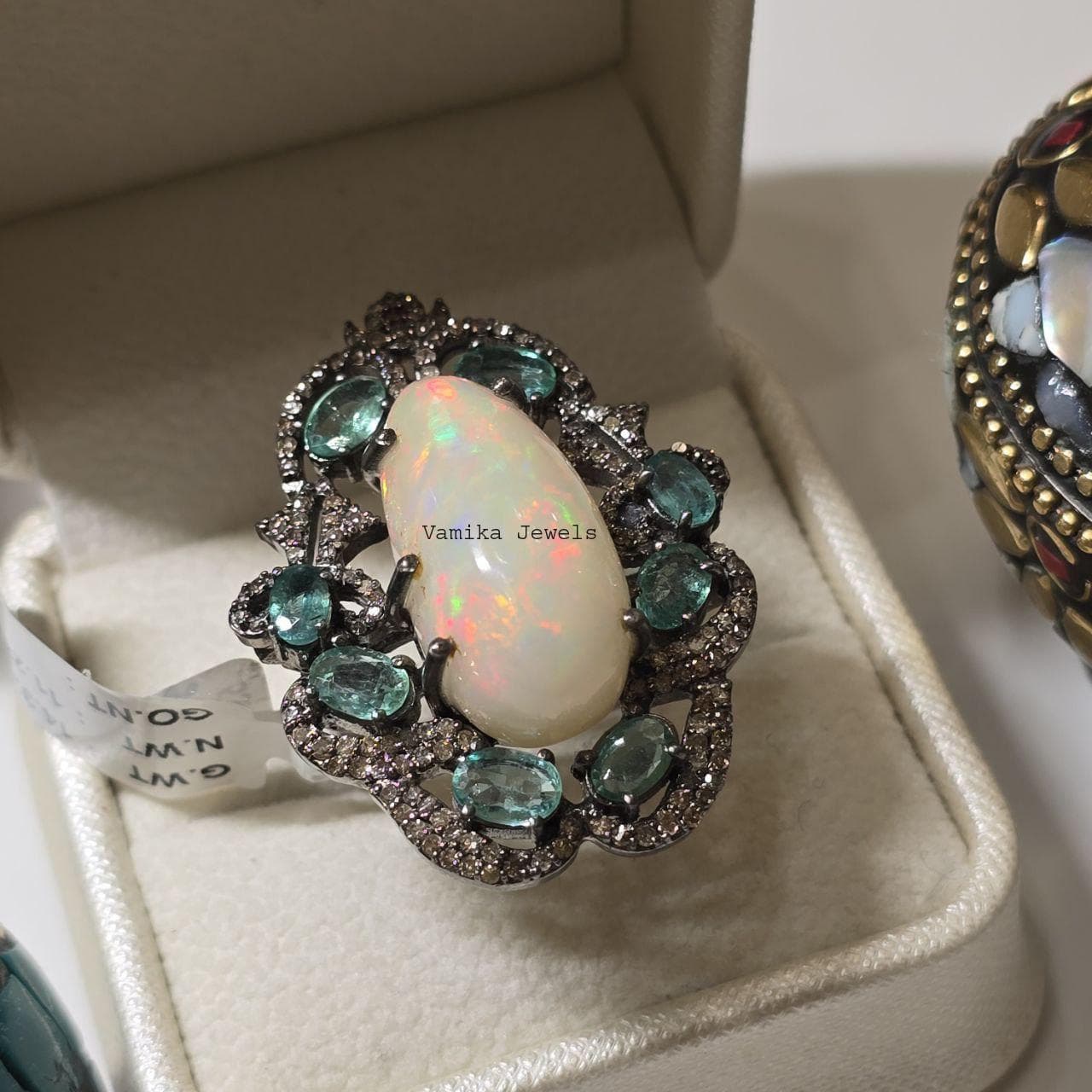 Natural Ethiopian Opal Diamond Engagement Ring, 925 Sterling Silver Emerald Multi Stone Statement Jewelry