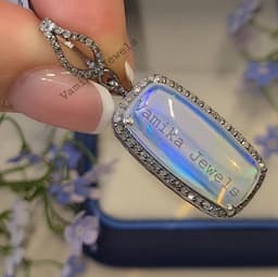 Natural Fire Opal Filigree Pendant, Handmade 925 Sterling Silver Jewelry with Pave Diamond Halo thumbnail 3