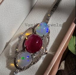 Natural Ruby & Fire Opal Bracelet, Sterling Silver Pave Diamond Multi Stone Cocktail Jewelry thumbnail 6