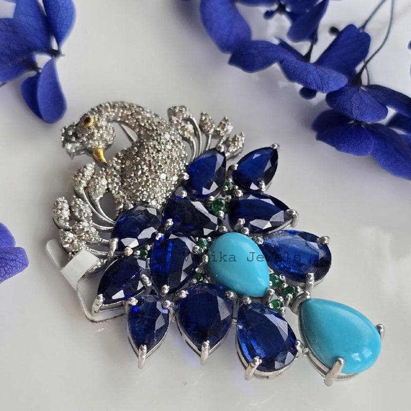 Natural Turquoise Kyanite Brooch, 925 Sterling Silver Emerald Diamond Multi Stone Cluster Bird Jewelry