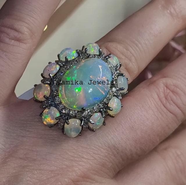 Natural Fire Opal & Diamond Ring, Sterling Silver Cocktail Jewelry, October Birthstone Ring