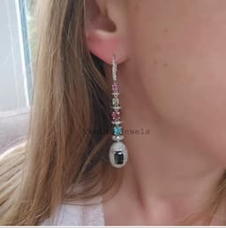 Natural Multi Tourmaline Earring - 925 Sterling Silver Pave Diamond Statement Jewelry thumbnail 5
