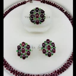 Natural Garnet & Chrome Diopside Jewelry Set, 925 Sterling Silver Ring Earrings, Birthday Gift thumbnail 2