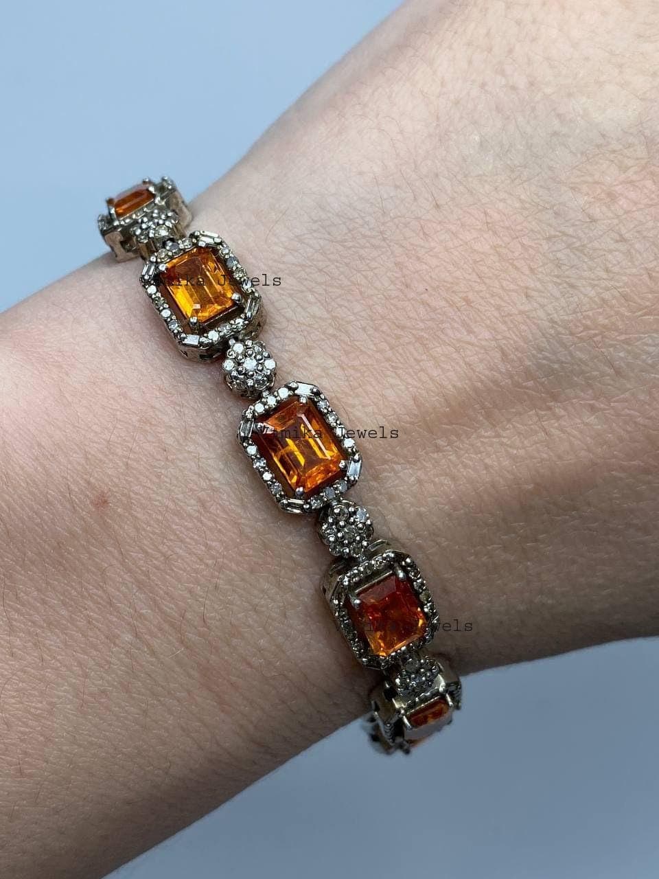 Natural Spessartine Garnet & Diamond Tennis Bracelet, 925 Sterling Silver Elegant  Jewelry, Birthday Gift