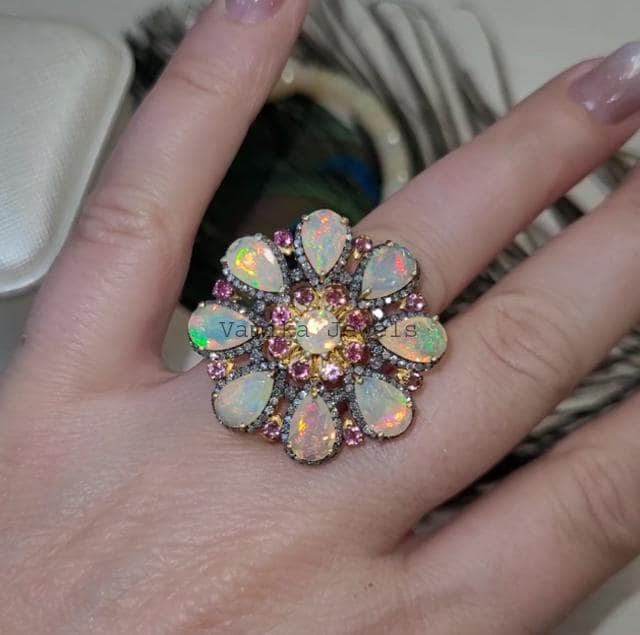 Natural Opal & Pink Tourmaline Flower Ring, Diamond Halo Gold Plated Sterling Silver Jewelry