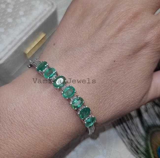 Emerald Diamond Sterling Silver Bangle Bracelet, Handmade Jewelry