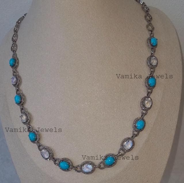 Natural Turquoise & Moonstone Necklace, Handmade Sterling Silver Diamond Halo Gemstone Jewelry