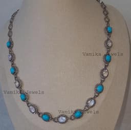 Natural Turquoise & Moonstone Necklace, Handmade Sterling Silver Diamond Halo Gemstone Jewelry thumbnail 6