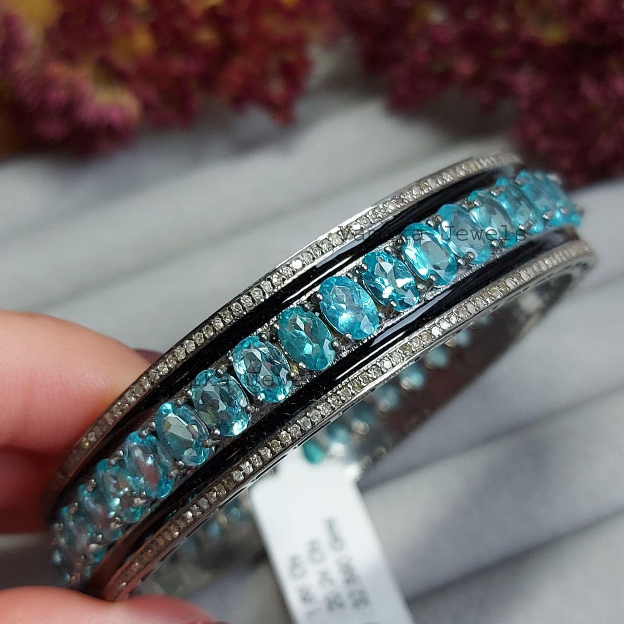 Natural Apatite & Diamond Bangle Bracelet, 925 Sterling Silver Black Enamel Statement Jewelry