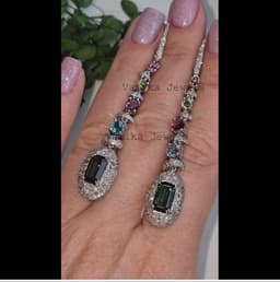 Natural Multi Tourmaline Earring - 925 Sterling Silver Pave Diamond Statement Jewelry thumbnail 1
