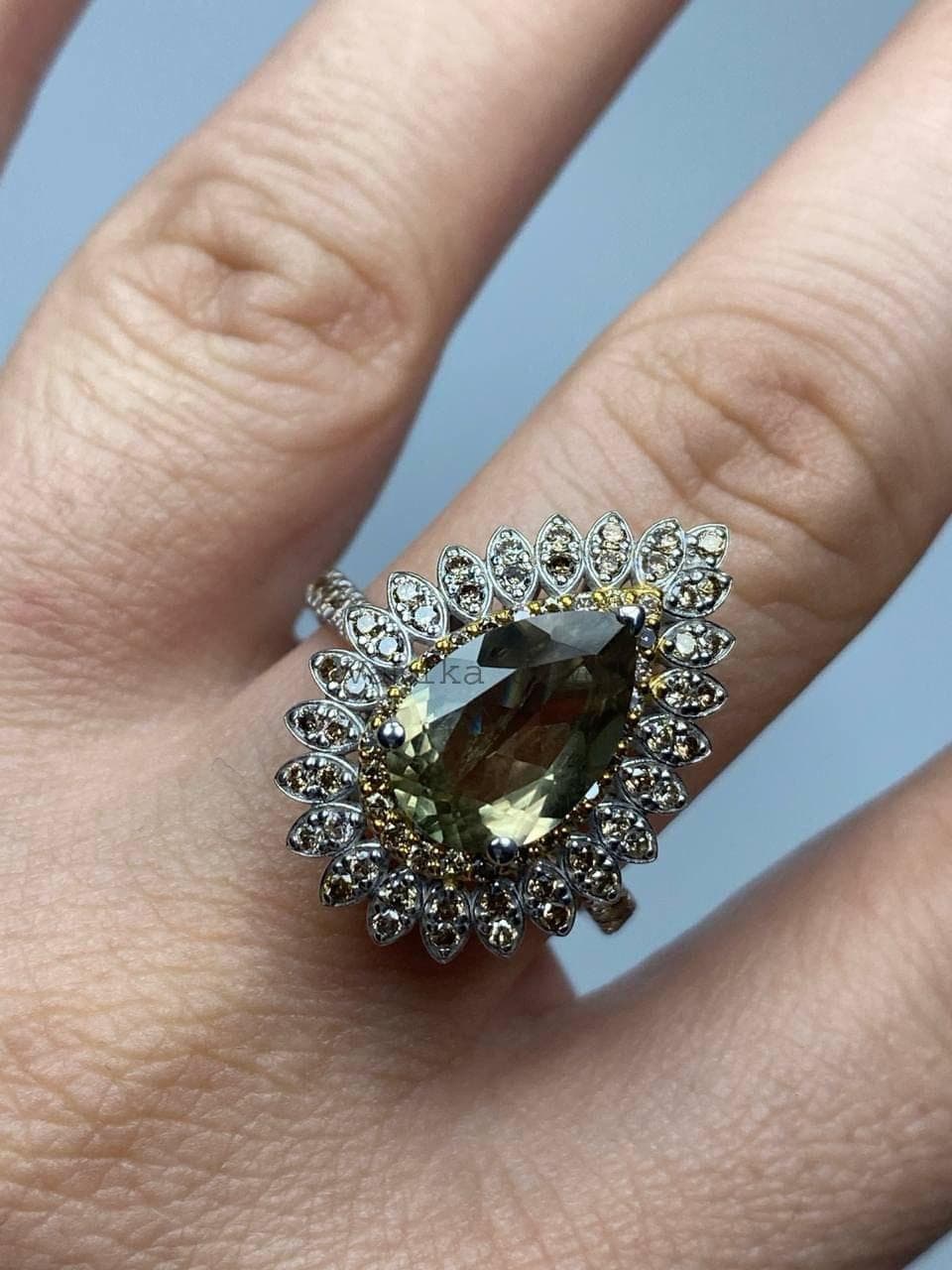 Natural Solitaire Green Amethyst & Diamond Ring in 925 Sterling Silver, Wedding Gift For Women