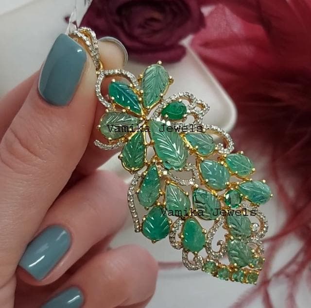 Natural Carved Emerald & Diamond Leaf Pendant, Gold Plated 925 Sterling Silver Jewelry