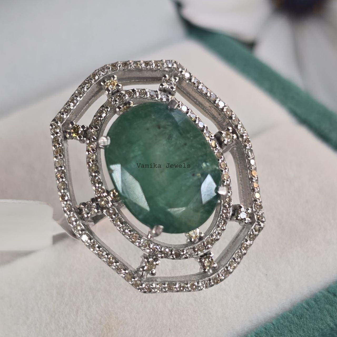 Natural Solitaire Green Emerald Ring, 925 Sterling Silver Diamond Statement Jewelry, Engagement Wedding Ring