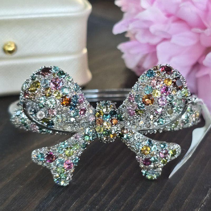 Natural Multi Tourmaline & Diamond Bangle, 925 Sterling Silver Cluster Statement Jewelry