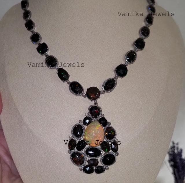 Fire Opal Black Opal Diamond Necklace - Sterling Silver Bridal Jewelry