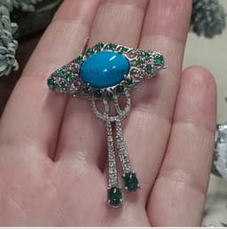 Natural Turquoise Brooch, 925 Sterling Silver Diamond Emerald Cluster Statement Jewelry thumbnail 5