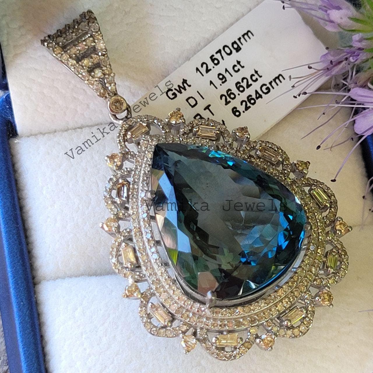 Natural London Blue Topaz Pendant, Sterling Silver Baguette Diamond Halo Statement Jewelry