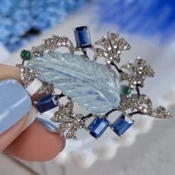 Natural Carved Aquamarine Emerald Brooch, 925 Sterling Silver Kyanite Diamond Jewelry, Wedding Gift thumbnail 5