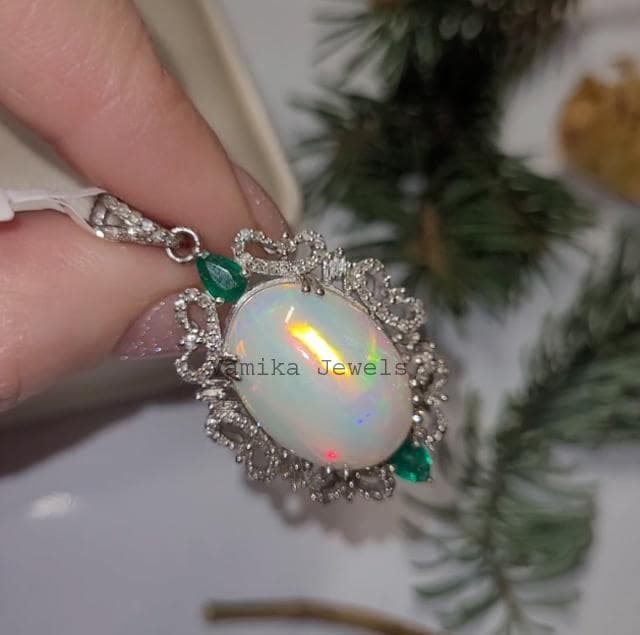 Natural Fire Opal Diamond Pendant, Emerald Halo, Sterling Silver
