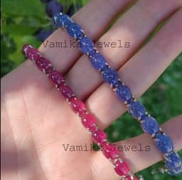 Natural Tanzanite & Ruby Tennis Bracelet, Sterling Silver Oval Cabochon Gemstone Jewelry thumbnail 4