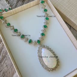 Natural Emerald & Fire Opal Diamond Necklace, 925 Sterling Silver Bridal Multi Stone Statement Jewelry thumbnail 8