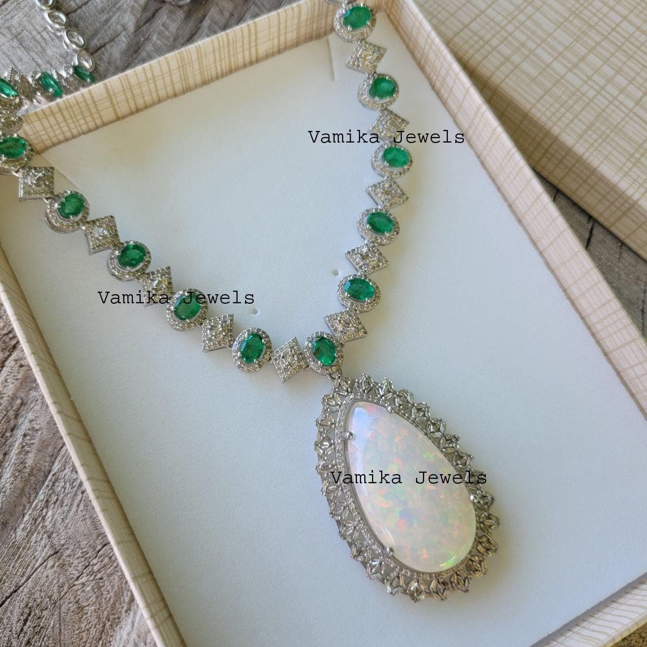 Natural Emerald & Fire Opal Diamond Necklace, 925 Sterling Silver Bridal Multi Stone Statement Jewelry
