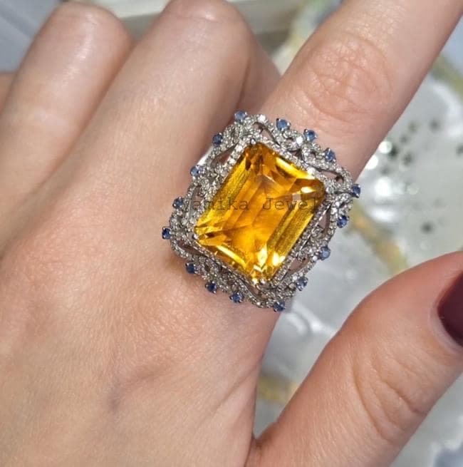 Natural Citrine Blue Sapphire Diamond Statement Ring, 925 Sterling Silver Cocktail Jewelry, Wedding Gift
