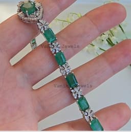 Natural Emerald & Diamond Tennis Bracelet, 925 Sterling Silver Elegant Halo Statement Jewelry thumbnail 10