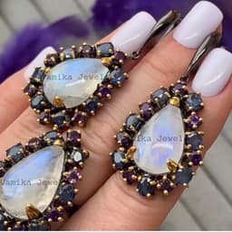 Natural Moonstone Sapphire Ring Earring Set – Gold Plated 925 Sterling Silver Amethyst Statement Jewelry thumbnail 6