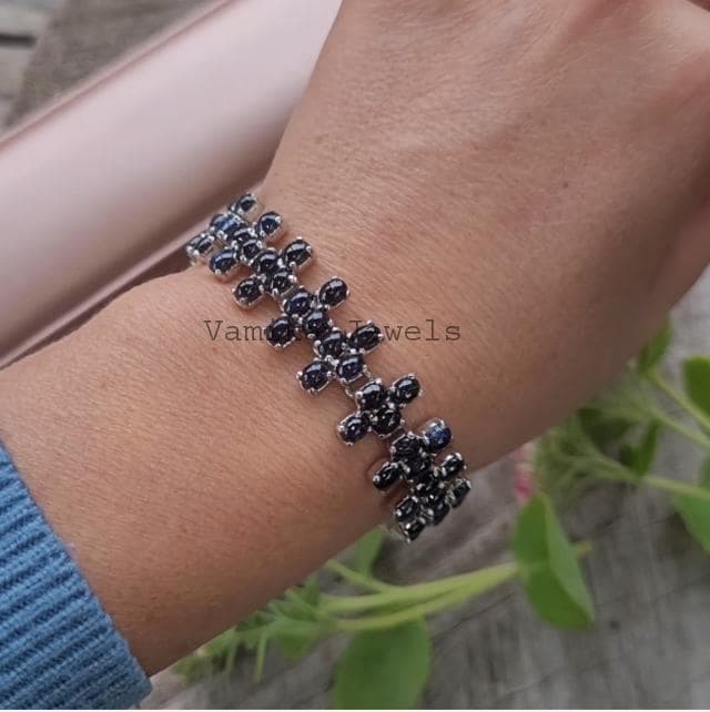 Natural Sapphire Tennis Bracelet, Handmade 925 Sterling Silver Jewelry with Box Clasp, Elegant Statement