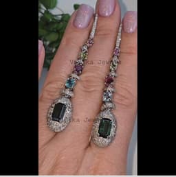 Natural Multi Tourmaline Earring - 925 Sterling Silver Pave Diamond Statement Jewelry thumbnail 7