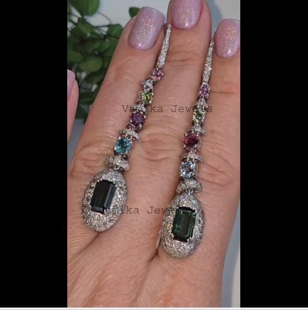 Natural Multi Tourmaline Earring - 925 Sterling Silver Pave Diamond Statement Jewelry