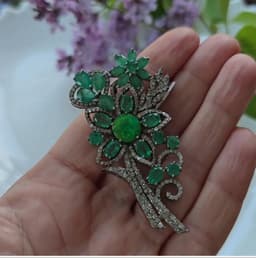 Green Opal Floral Brooch, Sterling Silver Emerald Diamond Pin thumbnail 1
