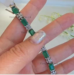 Natural Emerald & Diamond Tennis Bracelet, 925 Sterling Silver Elegant Halo Statement Jewelry thumbnail 9