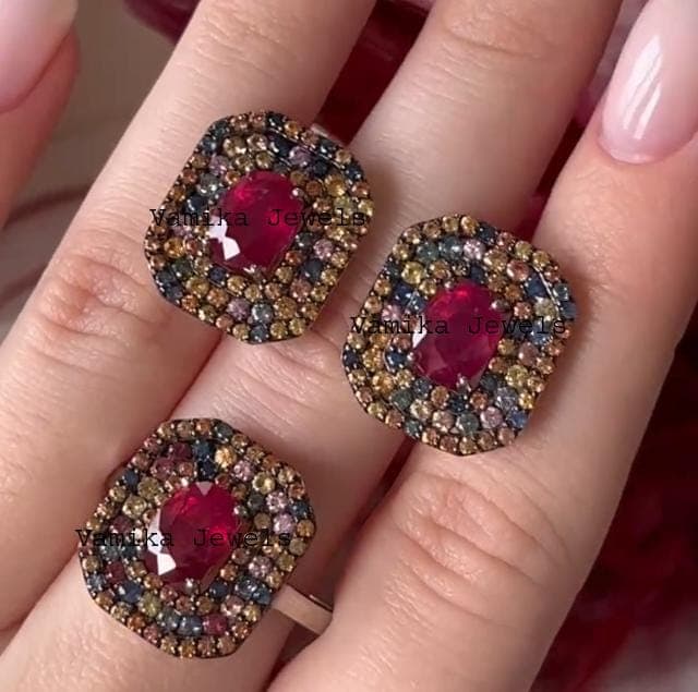 Handmade Ruby Cluster Ring & Earring Set – Sterling Silver Jewelry
