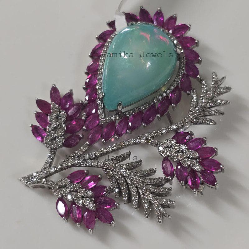 Opal Ruby Diamond Brooch, Sterling Silver Floral Teardrop Pin
