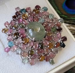 Natural Prehnite & Tourmaline Brooch Pendant, Sterling Silver Vintage Multi Gemstone Jewelry Pin thumbnail 1