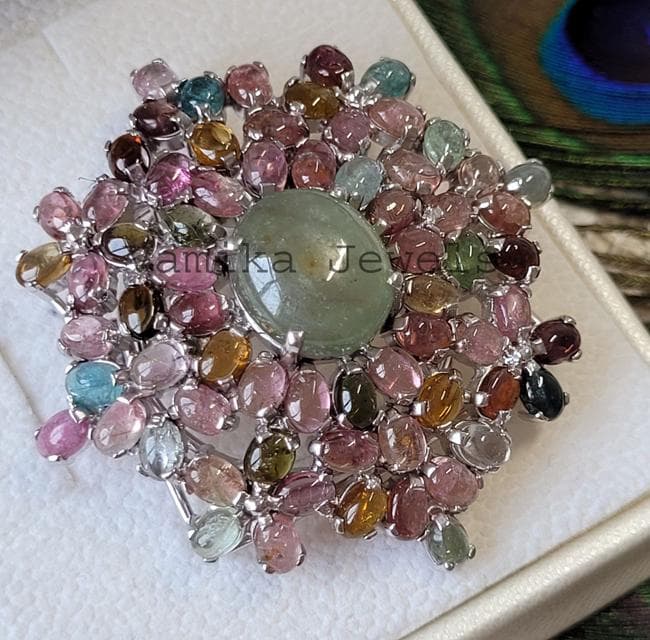 Natural Prehnite & Tourmaline Brooch Pendant, Sterling Silver Vintage Multi Gemstone Jewelry Pin