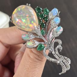 Natural Opal & Emerald Brooch Pin, 925 Sterling Silver Diamond Wedding Jewelry, Birthday Gift thumbnail 7