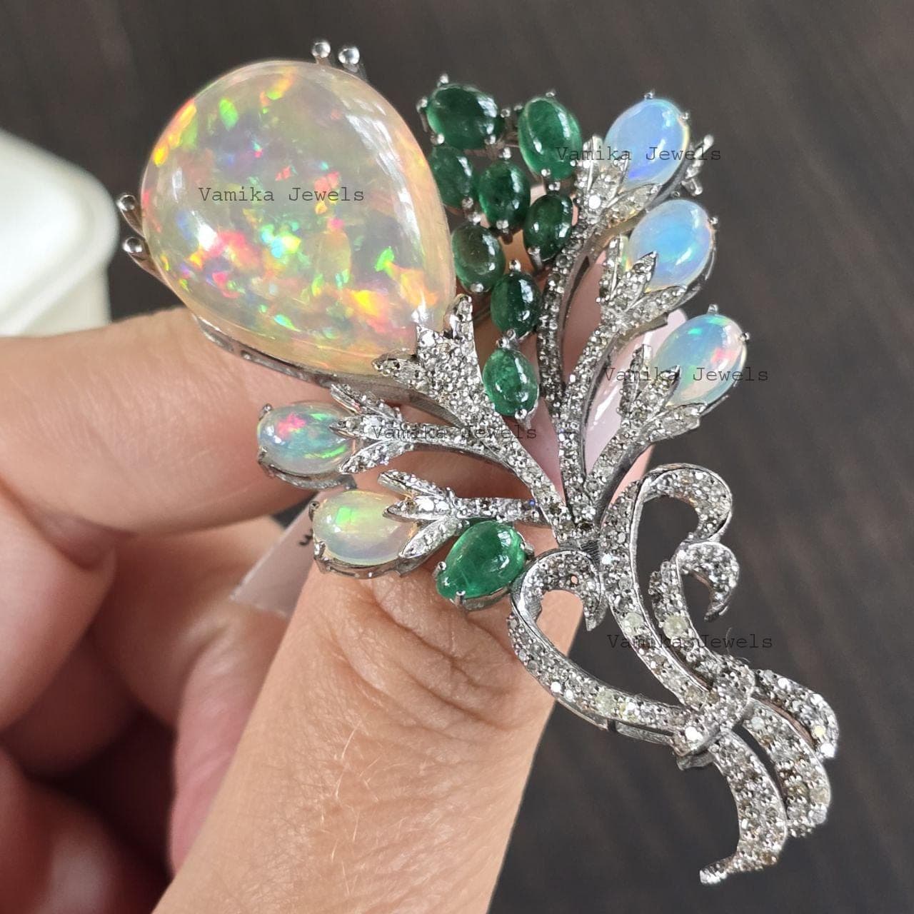 Natural Opal & Emerald Brooch Pin, 925 Sterling Silver Diamond Wedding Jewelry, Birthday Gift