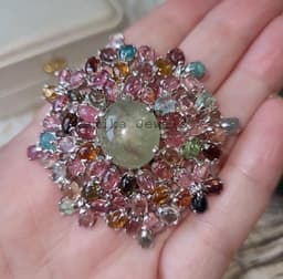 Natural Prehnite & Tourmaline Brooch Pendant, Sterling Silver Vintage Multi Gemstone Jewelry Pin thumbnail 4