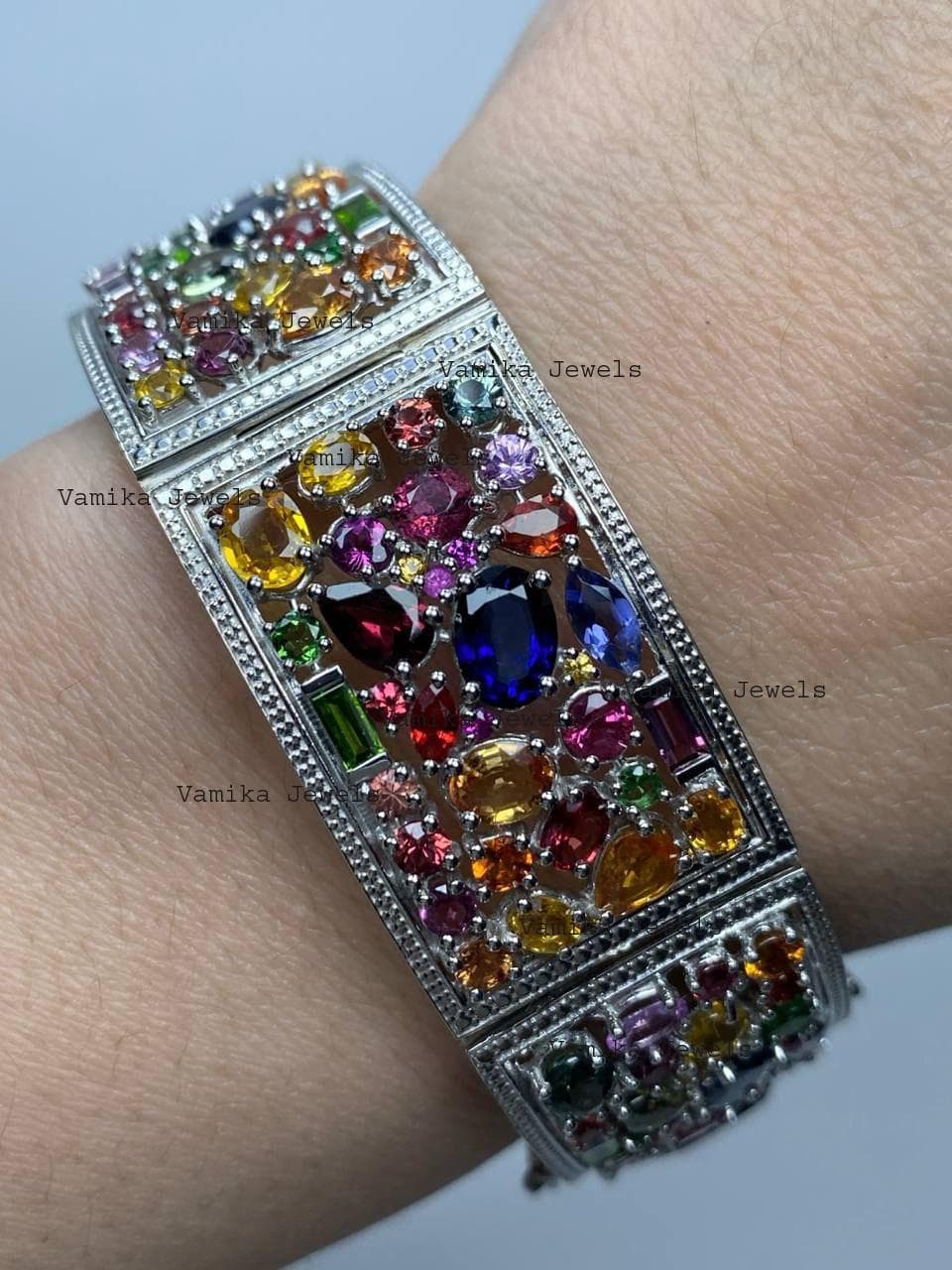 Natural Multi Sapphire Ruby & Spinel Bracelet, 925 Sterling Silver Cluster Jewelry, Wedding Anniversary Gift