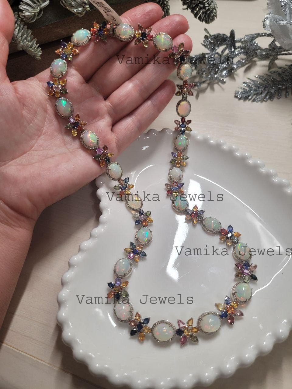 Natural Opal & Diamond Necklace, Sterling Silver Rainbow Sapphire Multi Stone Floral Halo Jewelry