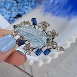 Natural Carved Aquamarine Emerald Brooch, 925 Sterling Silver Kyanite Diamond Jewelry, Wedding Gift thumbnail 8