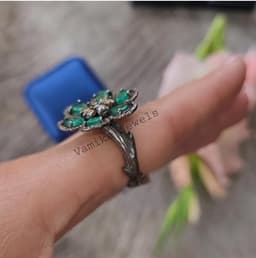 Emerald Flower Ring, Pave Diamond Halo, Sterling Silver Cocktail Ring thumbnail 1