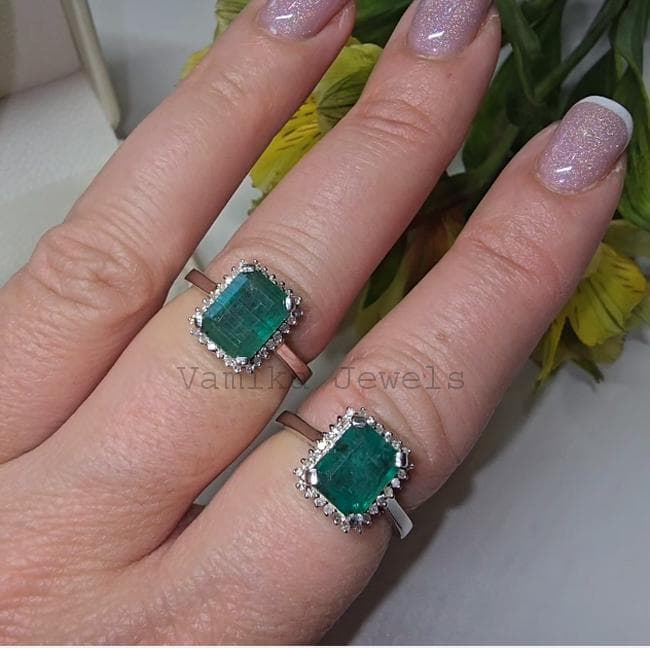 Natural Emerald Diamond Engagement Promise Ring, 925 Sterling Silver Jewelry, Elegant May Birthstone Ring