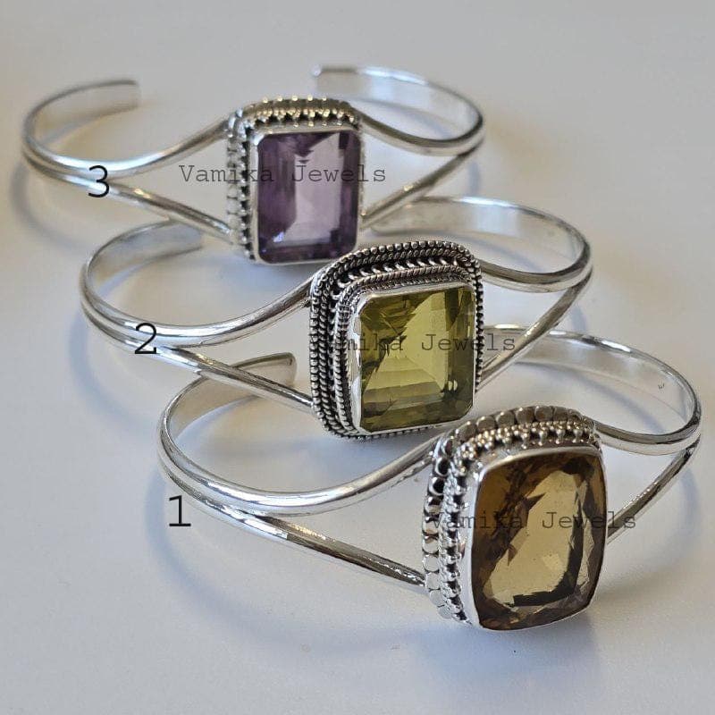 Natural Citrine Amethyst Open Bangle, 925 Sterling Silver Lemon Topaz Cuff Bracelet For Women