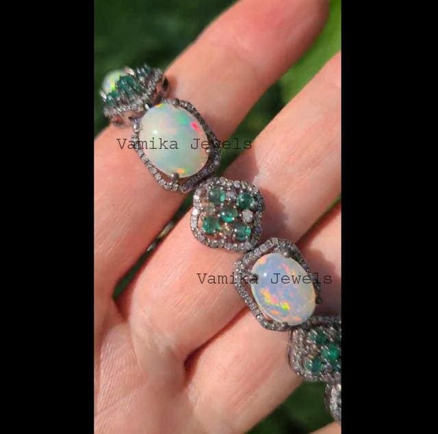 Natural Opal Emerald & Diamond Bracelet, Handmade Sterling Silver Jewelry, Elegant Multi Stone Jewelry