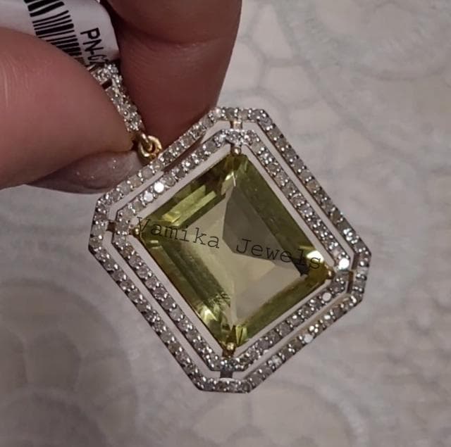 Natural Lemon Topaz & Diamond Halo Pendant, Emerald Cut Sterling Silver Statement Jewelry